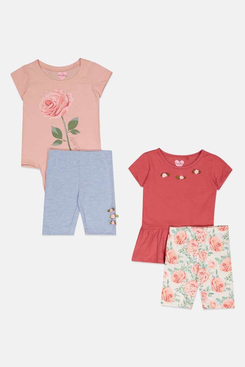 Freestyle طقم بنات أطفال مكون من 4 قطع بتصميم جرافيكي وقميص وشورتات، متعدد الألوان - Image 4